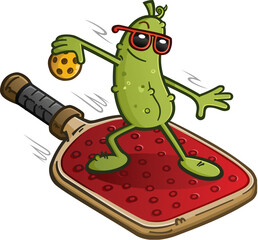 Pickle cartoon character with attitude zooming through the sky in a surfing position on a flying pickleball paddle and holding a yellow ball while wearing sunglasses - 748885437