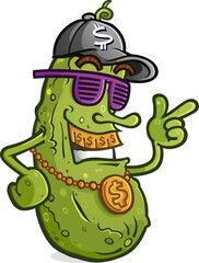 Pickle cartoon rapper with attitude wearing a hip hop style baseball cap and gold teeth and sunglasses looking stylish and cool - 748885439