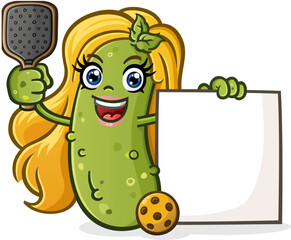 Pickle cartoon character blonde girl pickleball player with full eyelashes and pink lipstick holding a large blank poster board sign for an announcement or schedule - 748885467