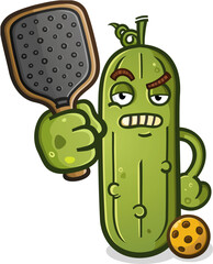 Pickle cartoon with a grumpy grouchy crotchety face holding out his pickleball paddle ready to challenge somebody to a match - 748885470