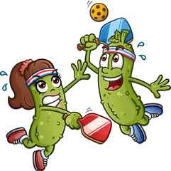 Two Pickle cartoon women participating in an intense pickleball match on the court and leaping into the air and wearing sweat bands and sneakers - 748885489