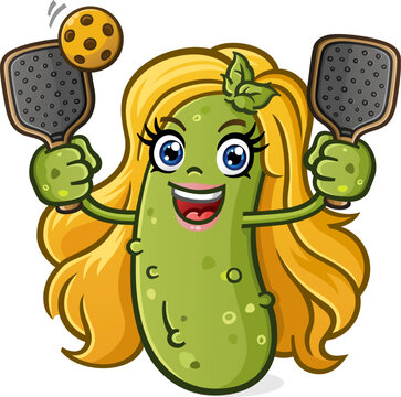 recommend clip art: Pickle cartoon character blonde girl with full eyelashes and pink lipstick holding two pickleball paddles and a yellow plastic ball