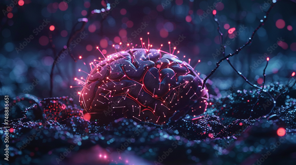 Poster futuristic ai brain network glowing with neural links showcasing intelligence evolution ideal for te