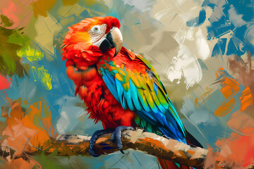 A bright colorful tropical parrot sits on a branch. Oil painting in impressionism style.