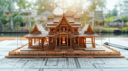 a construction blueprint in an exploded schematic style depicting instructions how to create the Ancient Thai style house, 1820s era,generative ai