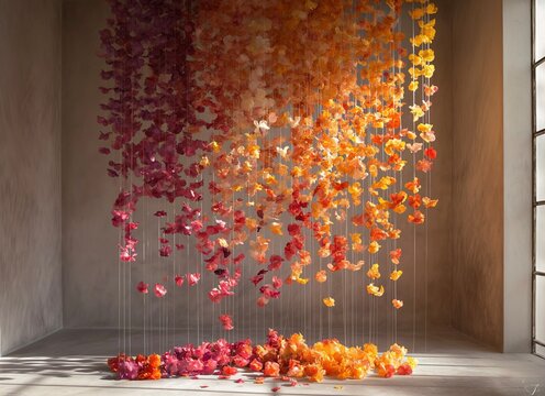 Floating Flower Installation. Vibrant hanging flowers creating a gradient effect from deep red to bright yellow.