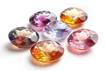 Fototapeta premium Jewel on white shine color, Collection of many different natural gemstones amethyst, lapis lazuli, rose quartz, citrine, ruby, amazonite, moonstone, labradorite, chalcedony, blue topaz