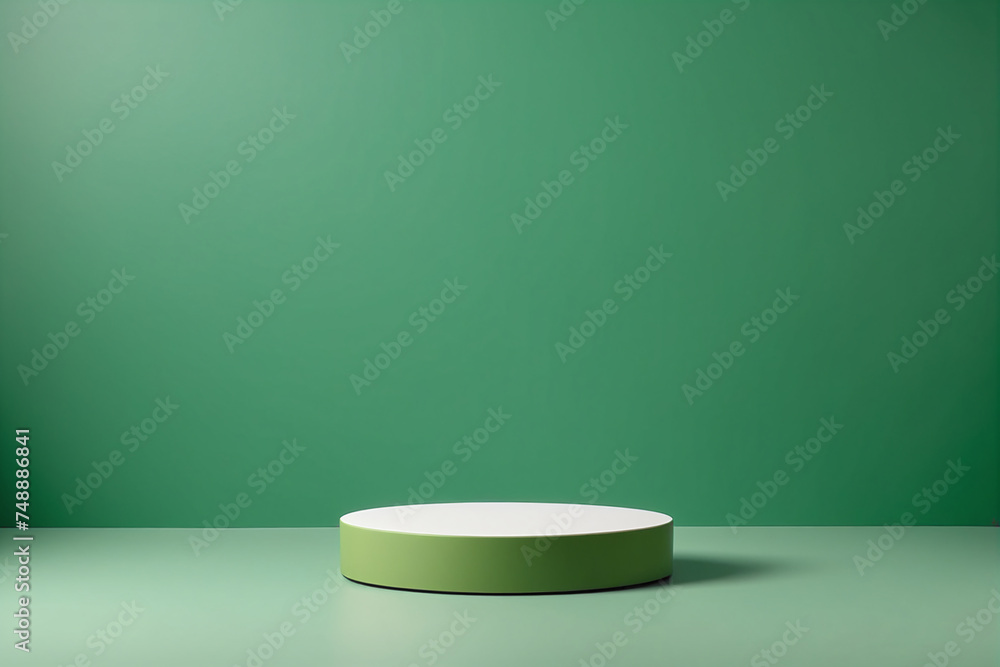 Poster Empty pedestal display on green background with blank stand for product show or presentation