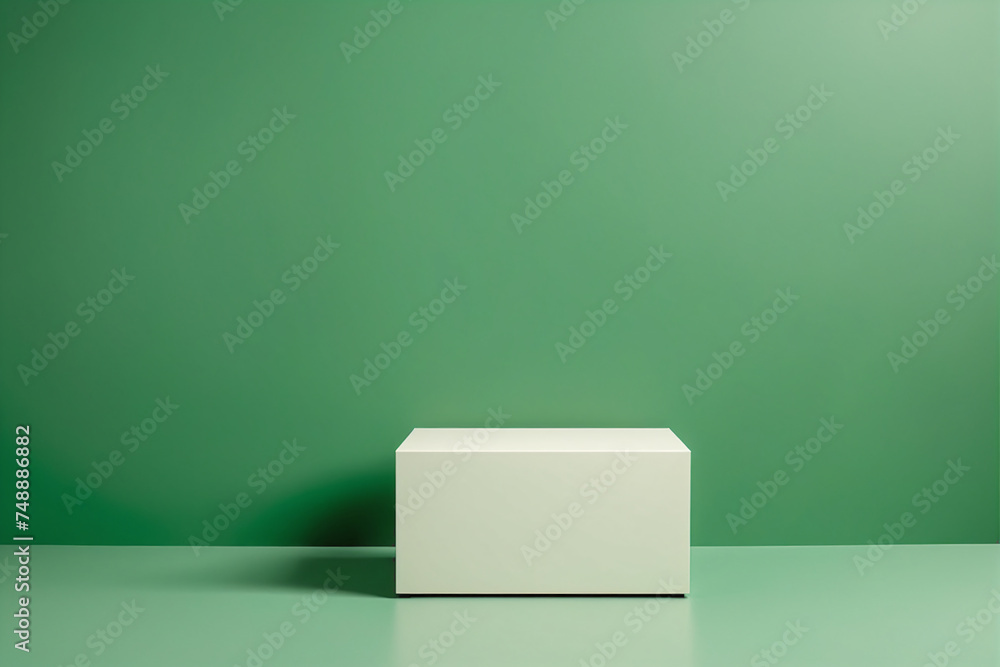 Poster empty pedestal display on green background with blank stand for product show or presentation