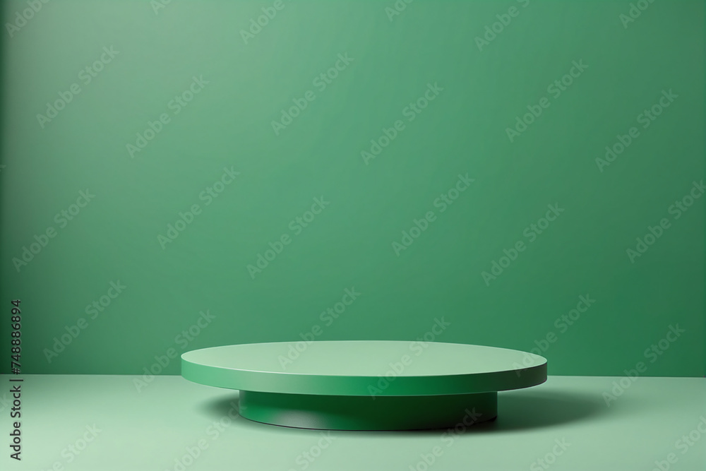 Poster Empty pedestal display on green background with blank stand for product show or presentation