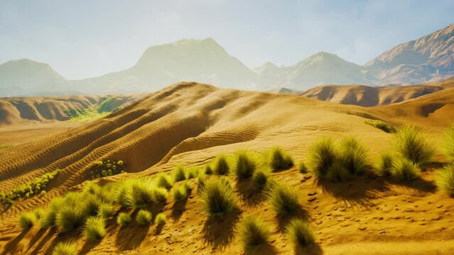 A stunning computer-generated desert landscape with majestic mountains in the background