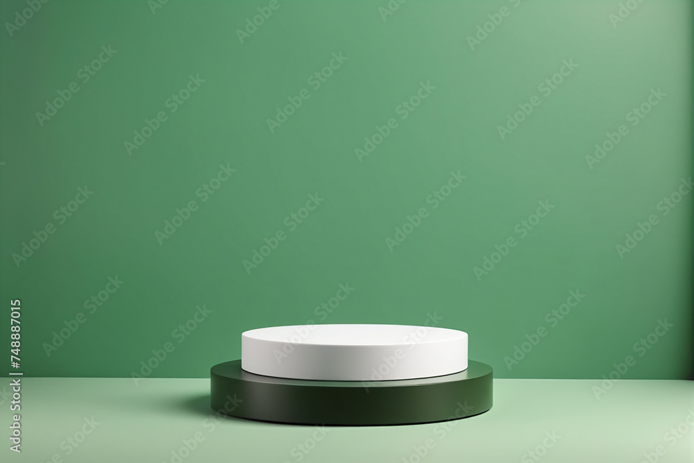 Poster Empty pedestal display on green background with blank stand for product show or presentation