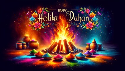 Illustration of holika dahan scene in watercolor painting style.
