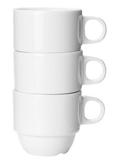 Closeup pile of clean shiny ceramic Coffee cups in a stack isolated clipping path on white background.
