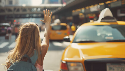 Girl with backpack calling yellow taxi cab raising arm-waving gesture in the city airport arrival...