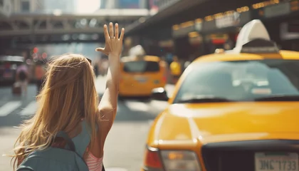 Photo sur Aluminium TAXI de new york Girl with backpack calling yellow taxi cab raising arm-waving gesture in the city airport arrival zone. Traveling, airport transfer after arriving and city piblic transport concept