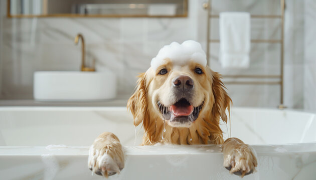 Funny golden retriever adult dog with soap shampoo foam on its head sitting in white bathtub in bathroom and smiling at camera. Lovely pets, comic animals concept image.