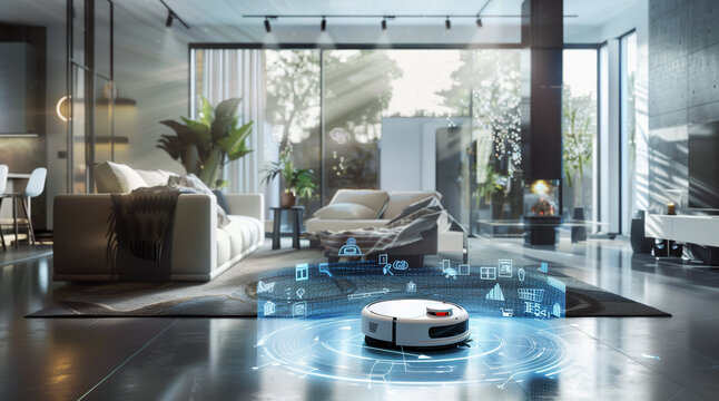 Luxury apartment living room cozy design with robotic illuminated vacuum cleaner making room cleaning. Futuristic image of smart home devices connected to web with internet of things IoT technology.