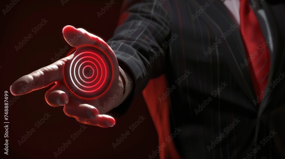 Poster a person in a suit extends their hand forward with a glowing red digital interface projected from th