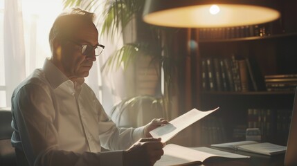 Fototapeta premium Serious Businessman Reviewing Documents, A focused businessman in glasses reviews important documents in a warmly lit office with bookshelves in the background.