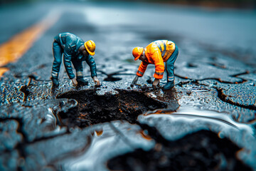 Miniature engineers working together on a road hole that shape like jigsaw puzzle piece