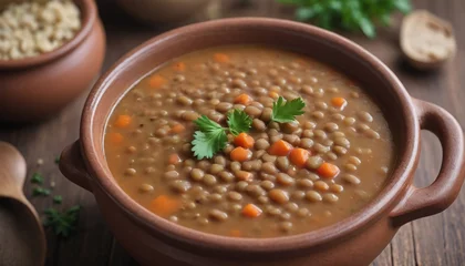 Stoff pro Meter Photo Of Lentil Soup In A Clay Pot On Wood. © Pixel Matrix