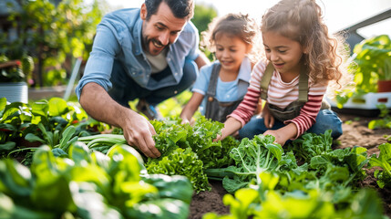 A family having fun in the community garden with fresh greens and vegetables