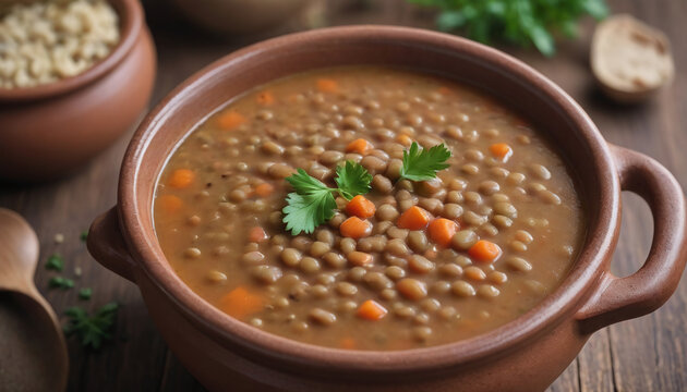 Photo Of Lentil Soup In A Clay Pot On Wood.