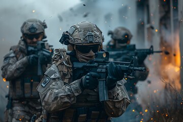 special forces squad advancing on the battlefield