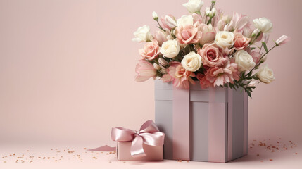 Large bouquet of flowers in a gift box on a pink background.