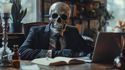 skull wearing suit working