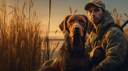 A brown hunting dog near a male hunter dressed in camouflage clothing in the tall grass by the lake. The beginning of the hunting season.