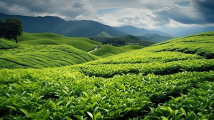 Green tea plantations in rainy weather.