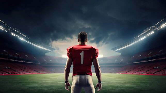 Rear view of an American football or rugby player on an empty stadium background. - Powered by Adobe