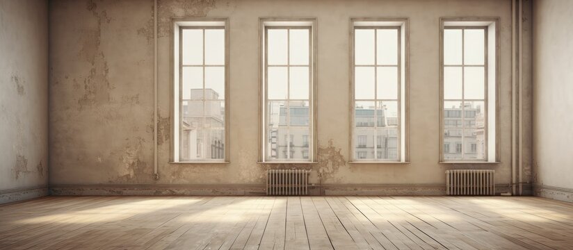 A room with a wooden floor and three windows stands empty, bathed in natural light. The simplicity of the space is emphasized by the lack of furnishings or decorations.