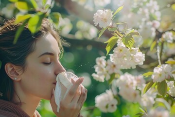 Young woman with handkerchief due to pollen allergy in spring from flowering trees and flowers. - obrazy, fototapety, plakaty