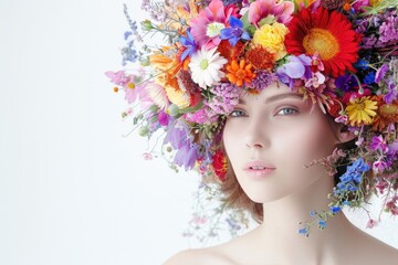 Fototapeta premium Beauty woman portrait with wreath from flowers on head over white background