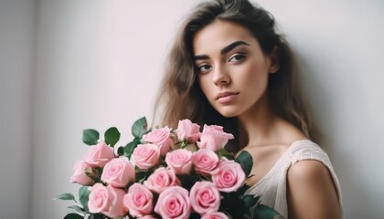 Girl with pink rose bouquet at white wall