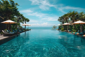 Outdoor swimming pool at a luxury resort in Southeast Asia in summer - obrazy, fototapety, plakaty