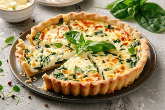 Savory tart of rich egg custard, spinach and cheese with cut out a slice on the plate
