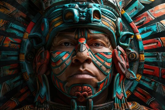Face of an Aztec warrior on a black background