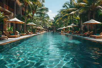 Outdoor swimming pool at a luxury resort in Southeast Asia in summer - obrazy, fototapety, plakaty