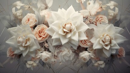 A close-up shot of wedding flowers arranged in a symmetrical pattern against a soft-focus background