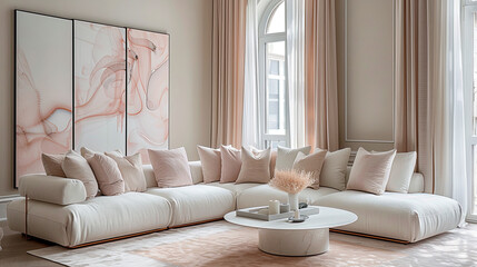  Luxury interior with white sofa and pale pink triptych. Quiet luxury concept.
