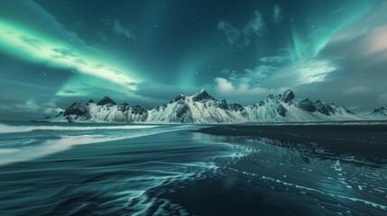 Amazing view of green aurora borealis shining in night sky over snowy mountain ridge with black sand stockness beach and vestrahorn mountain in background in iceland