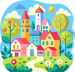 Obraz na płótnie Canvas Cartoon cityscape roofs houses with trees and school illustration for Alphabet Books for Teaching Letters, title page for kids cover learning books, modern design school posters with colorful letters 