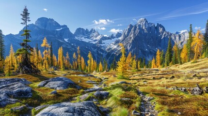 Panorama of a rocky mountain meadow with larch trees and mountain range in the background- British Columbia, Canada - obrazy, fototapety, plakaty