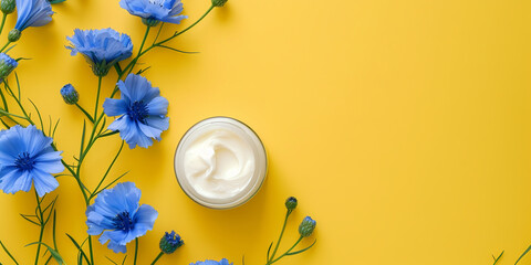 a jar of facial cream and blue flowers against a yellow background with copy space