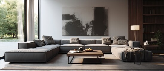 A modern living room filled with various furniture pieces, including a large gray sofa, chairs, and a coffee table. The focal point of the room is a colorful painting hanging on the wall.