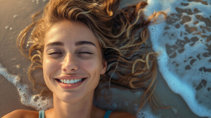 adult woman laying on the beach, in relax pose, smiling, dreaming, top down camera
